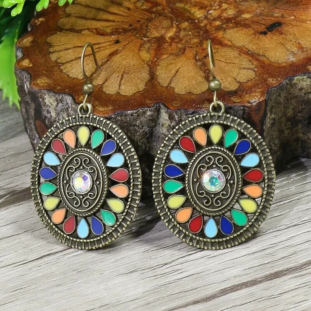 Blue Retro Color Block Alloy Turquoise Hook Geometric Drop Earrings Boho Artsy